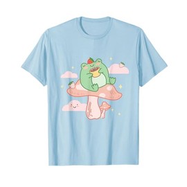 Kawaii Strawberry Frog On Mushroom Pink Anime Cottagecore T-Shirt