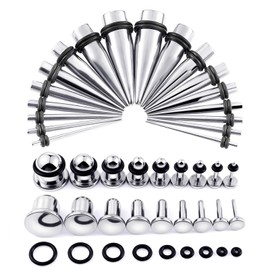 Longbeauty 14G-00G 36pcs Ear Gauges Stretching Kit Surgical Steel Tapers for Ears Gauge Starter Kits Single Flat Top Gauges Plugs for Women Men (Silver)