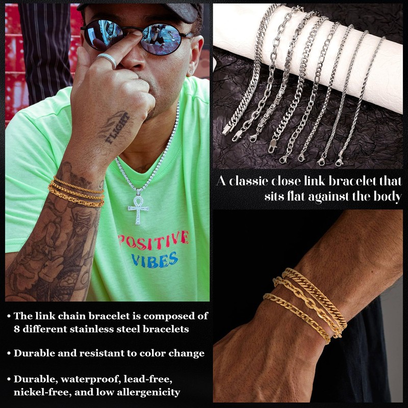 8Pcs Stainless Steel Chain Bracelets for Men Women Cuban Link