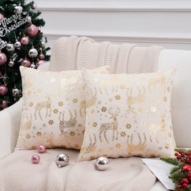 Topfinel Christmas Pillow Covers 12x12 Set of 2,Xmas Cream Velvet Snowflake Reindeer Decorative Pillow Case Winter Holiday Decor for Home Couch,White and Gold
