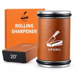 UFORU Rolling Knife Sharpener Kit, Knife Sharpener Tool with 15° & 20° Magnetic Angle Guide, Diamond Discs, Leather Strop, Wooden Kitchen Knife Sharpening System for Chef Knives