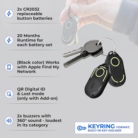 Rolling Square AirNotch Pro - Apple Find My Only - Llavero Bluetooth Tracker (paquete de 2), baterías reemplazables, sonido fuerte de 360°, localizado