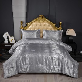 Herside Luxury Silver Grey Bedding Set Royal Damask Duvet Cover Double Country Chic Jacquard with Zipper Closure Silver Embossed Quilt Cover 3pcs Soft Polyester for Adult Woman Men