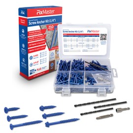 Blue Multi Purpose Concrete Screw 1/4" Kit - 210 Total 1/4" Screw Kit Includes 1/4x1-1/4, 1/4x1-3/4, 1/4 x 2-3/4" in Both Flat & Hex Head - Kit Included 3 Drill Bits & 2 Sockets