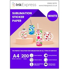 Ink Express A4 White Sublimation Sticker Paper - Compatible with Epson, Sawgrass Sublimation Printers - Vivid Colour, Glossy, White, Water Resistant (200 Sheets)