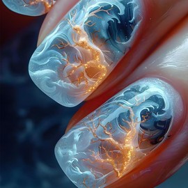 Medium Square Press on Nails Yellow Blue Glue on Nails Flame Lightning with Glitter Design Stick on Nails Gradient Acrylic False Nails Glossy Full Cover Artificial Nails Reusable Nails Kit for Women