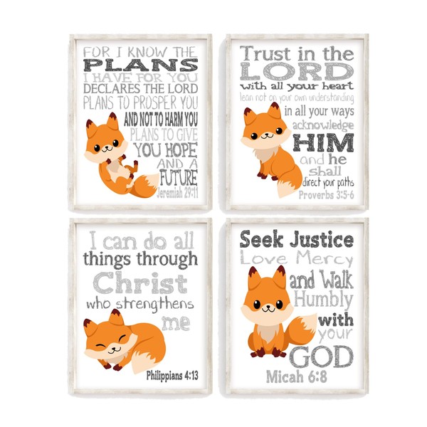 Woodland Fox Christian Nursery Decor Set of 4 Adorable Cute