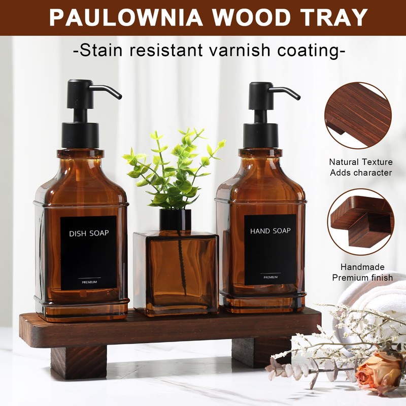 Modern Kitchen Soap Dispenser Set with Wood Tray, Amber Glass