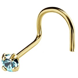 Jewelry Avalanche 22G Solid 14Kt Gold Nose Screw Stud with Prong Set real Blue Topaz Gemstone, 14kt Yellow Gold or 14kt White Gold - November Birthstone Nose Ring-NSYG_TP-2MM