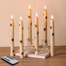 Girimax Birch Bark Flameless Taper Candles with Remote, Flickering Battery Wood LED Candlesticks Set of 6