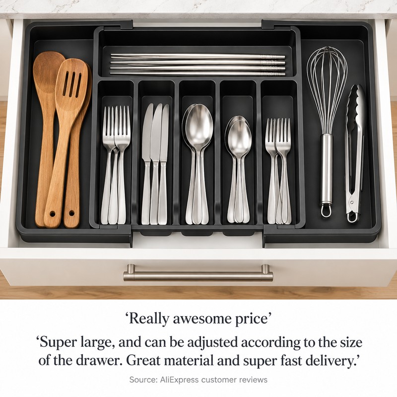Adjustable Cutlery Drawer Organizer for Kitchen Storage – Expandable 8-Compartment