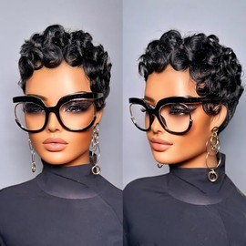 showreal Pelucas de cabello humano con corte Pixie para mujeres negras, pelucas cortas de corte Pixie 100% cabello humano real, ligeras, sin pegamento