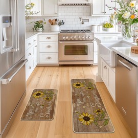 Artoid Mode Wood Bee Sunflower Spring Kitchen Mats Set of 2, Summer Home Decor Low-Profile Kitchen Rugs for Floor - 17x29 and 17x47 Inch