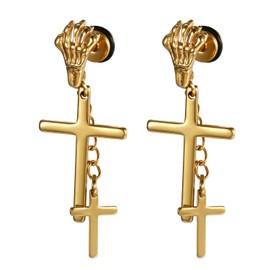 JewelryWe Unisex Women Male Skeleton Hands Prayer Earrings Black 316 Stainless Steel Cross Charm Drop Dangle Earrings