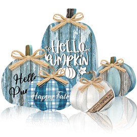 GlikCeil 5 Pcs Fall Decorations for Home Fall Wooden Pumpkin Tabletop Signs Thanksgiving Pumpkin Centerpiece Hello Fall Tiered Tray Decoration for Thanksgiving(Blue)