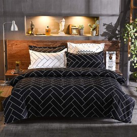 Black Geometric Duvet Cover Set Queen 3 Piece Black and White Striped Bedding Set Modern Soft Luxury Microfiber Reversible Stripe Pattern Comforter Cover for Boys Men Women Teens with Zipper Closure