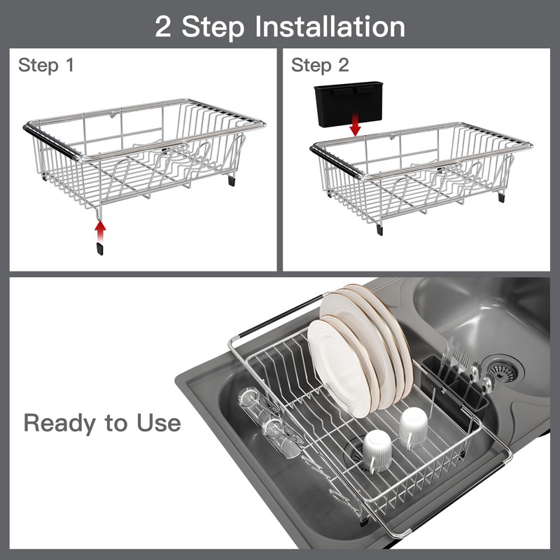 Over the Sink Expandable Dish Drainer Drying Rack In Stainless