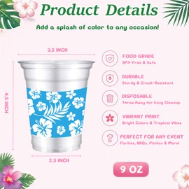 ANYMONYPF 60 PCS Hawaii Luau Plastic Cups 12oz Tropical Hibiscus Flowers Disposable Cup Hawaiian Clear Drinking Cups for Summer Beach Pool Party Aloha Luau Birthday Party Supplies