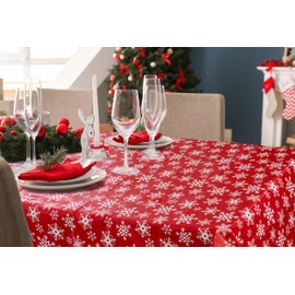 Serafina Home Holiday Christmas Vinyl Tablecloth with Flannel Backing: Tablecloth Reusable (Red Snowflake, 52" x 70")