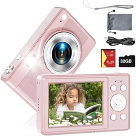 Upgrade Digital Camera, 56MP FHD 1080P Camera for Kids with 16x Zoom Anti Shake, Kid Camera with 32GB TF Card, Two Batteries, Lanyard, Compact Small Camera for Kids Boys Girls（Pink）
