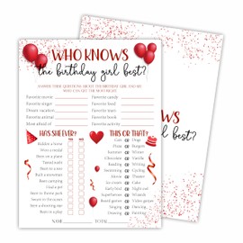 6"X8" Who Knows The Birthday Girl Best - Balloons & Confetti - Funny Double-Sided 3-in-1 Game Card Set For Girls Birthday Party, Sleepover Party Activities, Favor & Supplies (20 Pcs)- A05