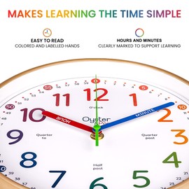 Oyster&Pop Kids Learning Wall Clock - Silent Non-Ticking Analog 10 Inch Teaching Clock for Classrooms & Bedrooms - Makes Telling Time Easy for Kids