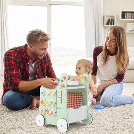 HOMGX Baby Push Walker with Wheels, 6-in-1 Wooden Montessori Toys, Toddler Learning Walker Activity Center, Pretend Kitchen Playset with Shape Sorter, Tool Toy for Kids Boys Girls Ages 12M+