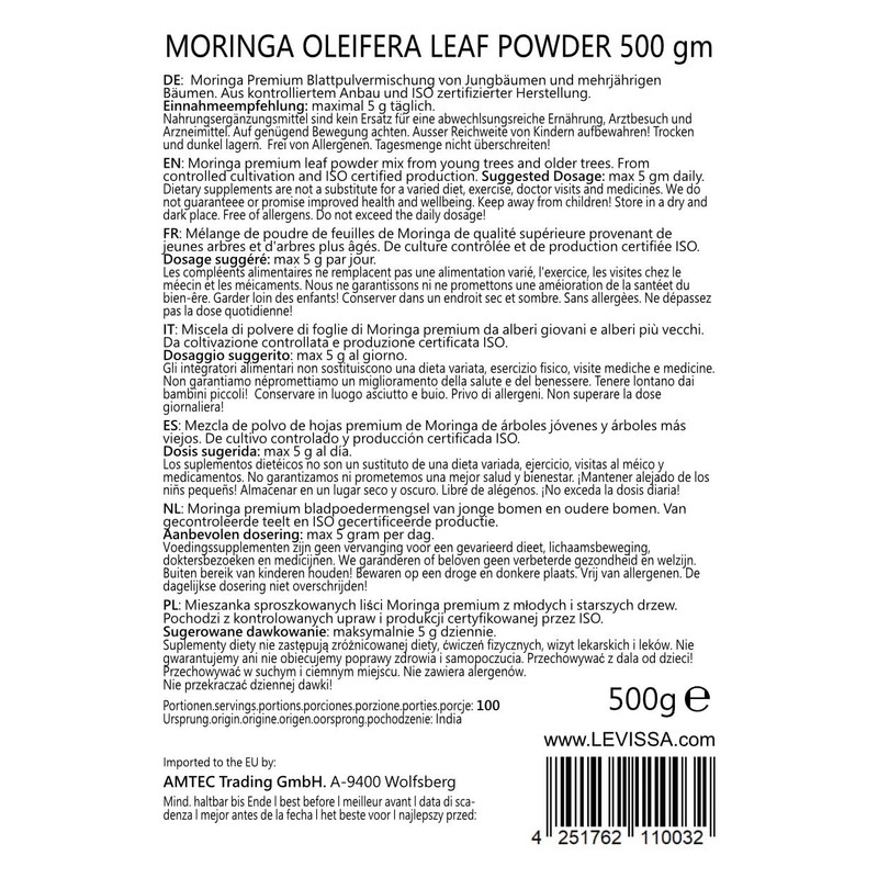 MoriVeda Moringa Powder 500 g, Vegan and Gluten-Free, Micro-Fine Oleifera