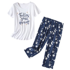 PNAEONG - Conjunto de pijama para mujer, camisetas de dormir con pantalones capri, estampado casual y divertido, SY215-púrpura-XL, Tu sueño, Small