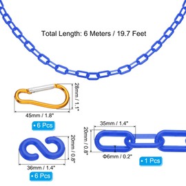 PATIKIL 20Ft Plastic Chain Barrier, Safety Link Chain with 6 S-Hooks and 6 Clips for Crowd Control at Driveway Elevator Parking Lot, Blue