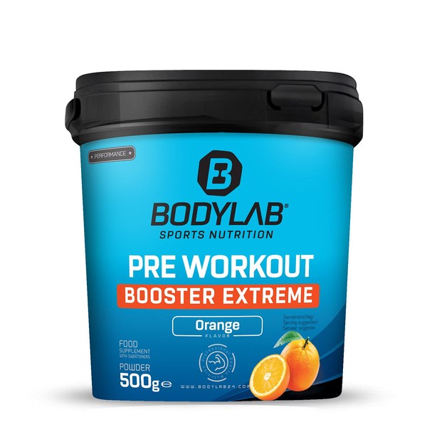 Bodylab24 Pre-Workout Booster Extreme 500 g, Power Formula Made from the Best Amino Acid, Vitamin B6 and High-Quality Plant Extracts, Ideal Energy Booster for Intensive Training, Orange