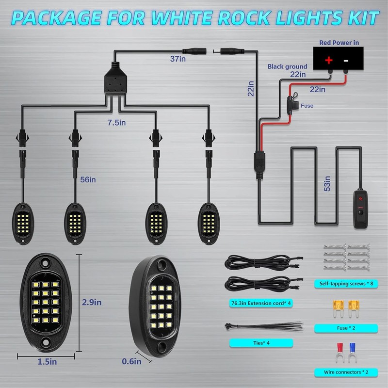 4Pods All Pure White LED Rock Lights Full Kit Plug