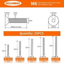 NIULUNBAO - Tornillos de cabeza plana M6 x 40 mm, 45 mm, 50 mm, 55 mm, 60 mm, tornillos avellanados, acero inoxidable 304, métrico totalmente roscado, llave Allen, acabado brillante, kit surtido 25