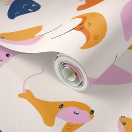 Peel & Stick Wallpaper Swatch - Colorful Coastal Pink Orange Blue Underwater Stingray Non Directional Custom Removable Wallpaper by Spoonflower