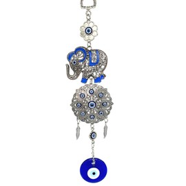 Turkish Blue Evil Eye with Lucky Elephant Wall Hanging Decor Amulet (Silver Blue)