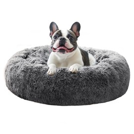 JOLLYVOGUE Calming Dog Bed Large Size Dog, Anti-Anxiety Donut Large Pet Bed, 36 inches Fluffy Faux Fur Round Cat Bed, Fits up to 75 lbs Pets (Smoke Black)
