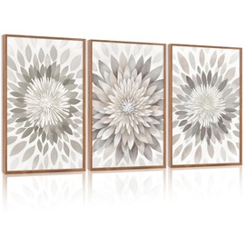 CHDITB Modern Floral Burst Framed Canvas Wall Art Set, Nature Flower Petal Wall Decor, Neutral Beige And Gray Botanical Painting, Contemporary Art Prints For Living Room Bedroom Office-16 x24 x3