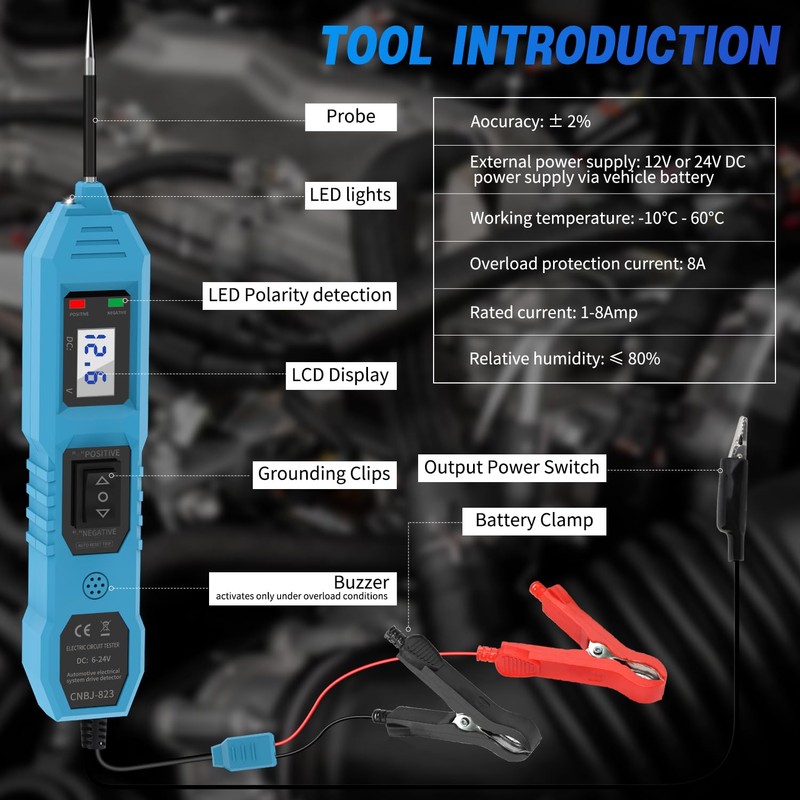 Power Circuit Probe Tester, 6V/12V/24V DC Circuit Tester Automotive, Multifunctional