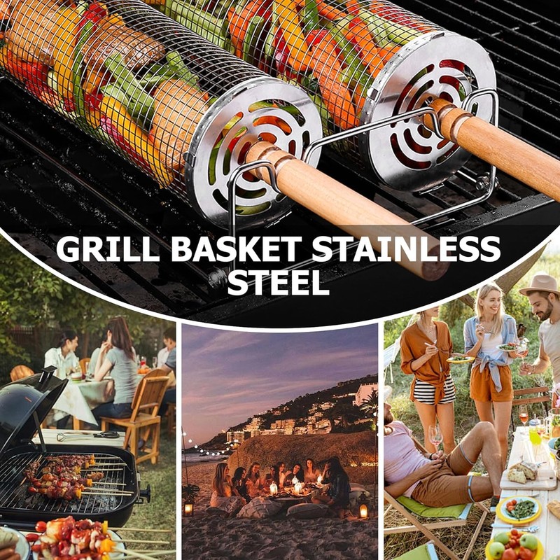 Rolling Grill Basket（2PCS） with Detachable Handle, 304 Stainless Steel BBQ
