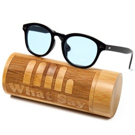 What Say UV 400 Color Lenses, Sunglasses, Clear Lenses, 10 Colors, Boston Frame, Asian Fit, Trend, Soft & Hard Case Included (Blue Lenses)