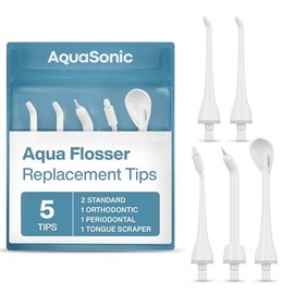 Puntas para irrigador bucal Aquasonic AquaSonic Aqua Flosser: 5 puntas, 4 tipos de puntas: estándar, periodontal, raspador de lengua de ortodoncia: piezas originales y auténticas (blanco)