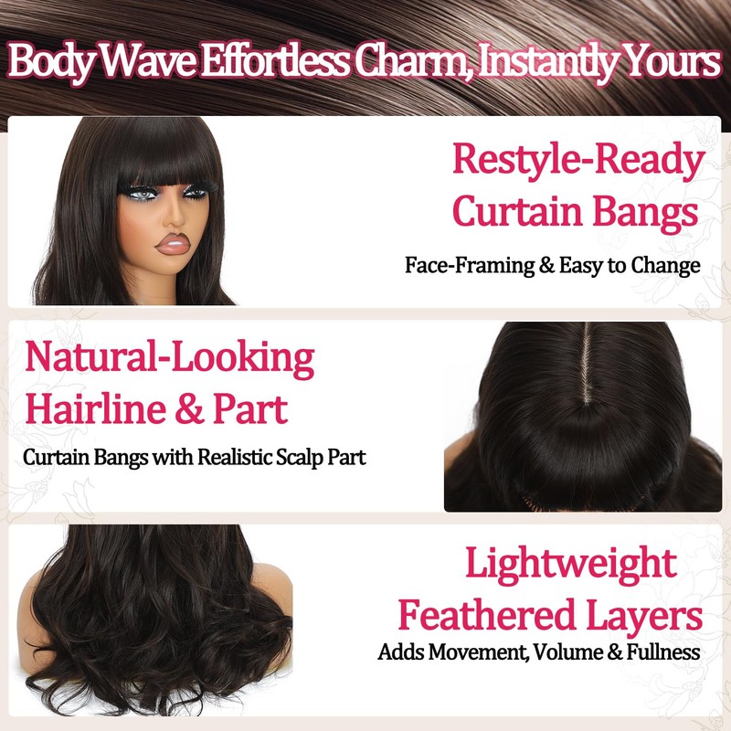 Fusenp Dark Brown Layered Wavy Synthetic Wig with Curtain Bangs