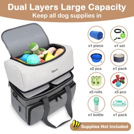 Mancro Mancro Dual Layers Dog Travel Bag, Pet Travel Bags with 2 Extra Large Food Containers, 2 Collapsible Dog Bowls, Multi-Pockets Tote Organizer for Dog Supplies, Dog Road Trip Essentials, Weekend Camping