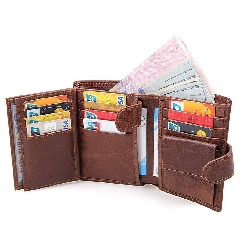 Genuine Leather Trifold Wallet RFID Blocking Anti Scan Zip (Coffee)