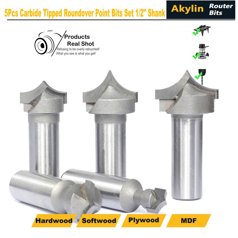 Akylin 5pcs Point Cutting Roundover Router Bit Set,1/2" Shank,Cutting Dia.