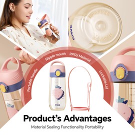 QWE Water Bottle with Straw and Handle holder for Pregnancy and Kids,16.9oz,Heat-resisting 180°,Reusable,PPSU BPA Free,Flip-Top Lid and Leak Proof,Perfect for Base-home, Travel, School (Pink)