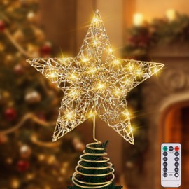 Christmas Gold Star Tree Toppers Metal Lighted with 20 LED Lights, Remote Control Star Tree Topper for Christmas Tree Decorations and Xmas Holiday Seasonal Décor, 11.8 x 9.5 Inch