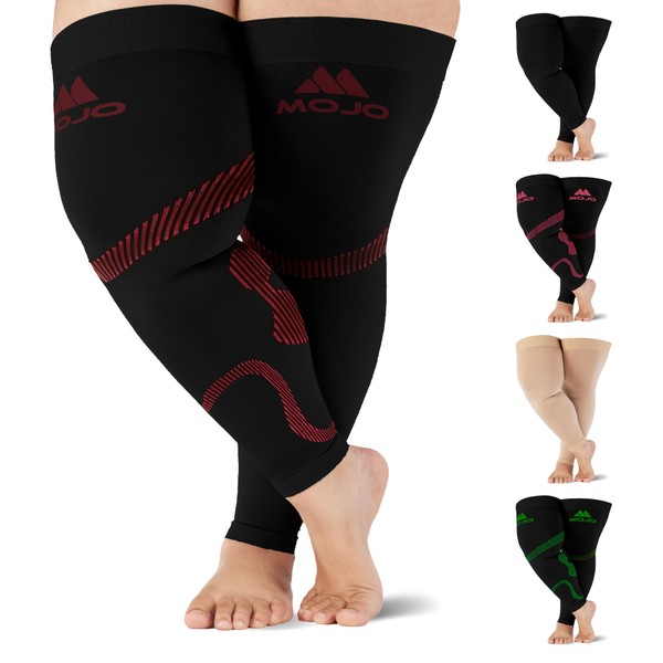 Mojo Compression Socks for Post-Thrombotic Syndrome - 4XL Wide Thigh Plus Size Thigh-Hi Leg Sleeve with Grip Top, Black/Red (A609BR7) - 20-30mmHg Graduated Compression - 1 Pair