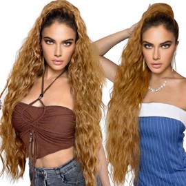 HOOJIH Ponytail Extension, 34 Inch Extra Long Drawstring Ponytail Strawberry Blonde Pony Tails Hair Extension Flurry Wavy Ponytails Soft Upgraded Synthetic Fiber Fake Ponytail Hairpiece for Women