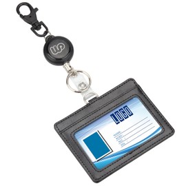 Wisdompro® Retractable Reel with Heavy Duty Horizontal 2-Sided PU Leather ID Badge Holder and Key Ring - Horizontal